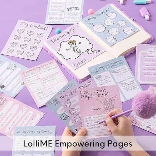 Happy LolliME Purple DIY Journal Kit for Girls – 300+ Pieces! Lockable Fuzzy Diary, Markers, Stickers & Empowering Pages – Gift Box for Tweens & Teens – Creative Journaling Set thumbnail 4