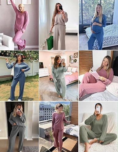 Ekouaer Lounge Sets for Women Long Sleeve Knit Ribbed Pajama Sets 2 Piece Casual Loungewear with Pockets thumbnail 7