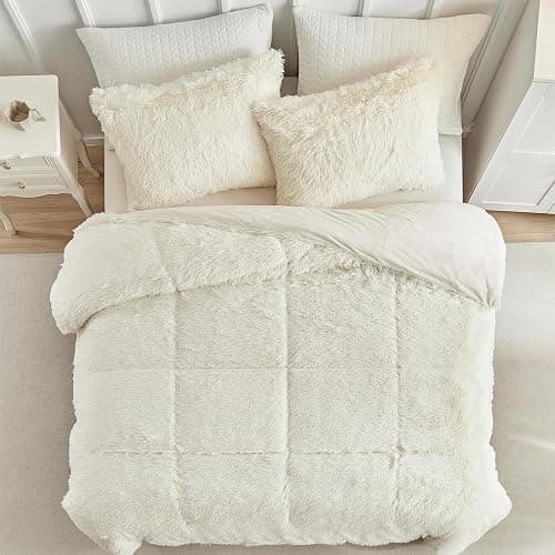 LenLuck Fluffy Full Size Comforter Set, Cream White Comforter with 2 Pillow Shams, Ultra Soft Thick Comforter, Fuzzy Bedding Plush Comforter Sets, Cozy Full Size Bed Set for All Seasons thumbnail 5