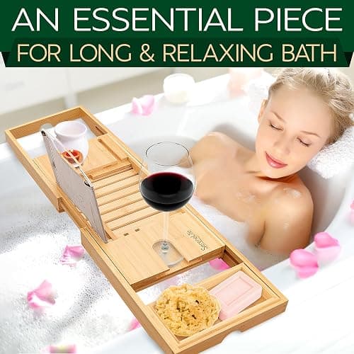 SereneLife Luxury Bamboo Bathtub Caddy Tray - Adjustable Natural Wood Bath Tub Organizer with Wine Holder, Cup Placement, Soap Dish, Book Space & Phone Slot for Spa, Bathroom & Shower SLBCAD20 thumbnail 2