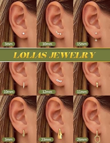 LOLIAS Hypoallergenic 14K Gold Plated Hoop Earring Stacks for Women -Huggie Stud Hoop Earrings Small Stainless Steel Cartilage Earring Sets for Multiple Piercing Lightweight 9Pairs thumbnail 5