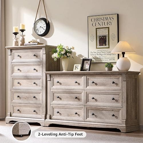 Farmhouse 6 Drawers Dresser for Bedroom, 54" Wide Large Dressers & Chests of Drawers w/Roman Column, Wooden Dresser TV Stand with Large Drawers for Nursery Bedroom Living Room Hallway,Light Rustic Oak thumbnail 3
