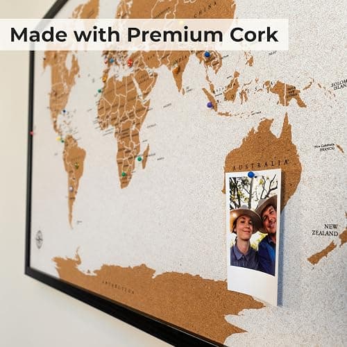 World Map Pin Board Large 30"x20" Framed | Cork Wall Map with Country Flags, Metallic & Colored Pins | World Travel Map with Pins | Unique Push Pin Map Gift for Travelers, Couples & Families. thumbnail 5