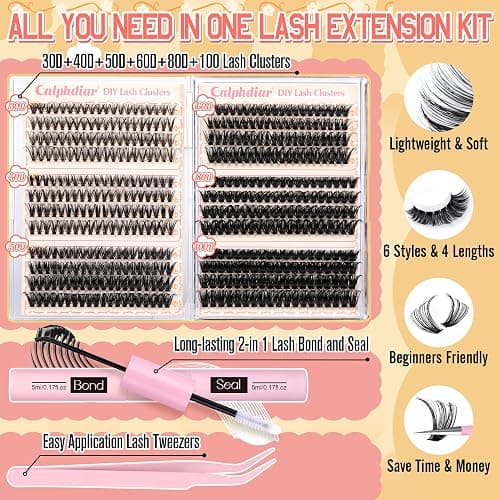 Lash Clusters Kit 30D-100D Wispy Eyelash Extension Kit 474pcs Individual Lashes 8-16MM Cluster Eyelash Extensions DIY Lash Extension Kit D-Curly Eyelash Clusters with Lash Bond and Seal Lash Tweezers thumbnail 3