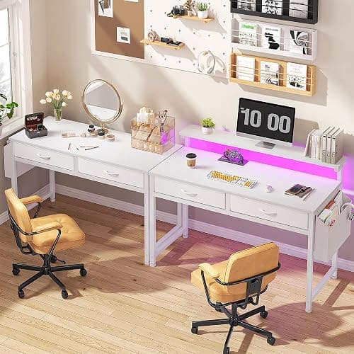 DurayLoly Computer Desk with 2 Drawers & LED Lights,39.4 Inch Home Office Desks with Side Pocket and Monitor Stand,Study Writing Table for Small Spaces,White thumbnail 9