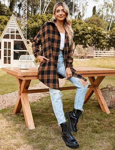 Blooming Jelly Women's Button Down Flannel Shirts Plaid Shacket Long Sleeve Collared Long Jacket Coats thumbnail 7