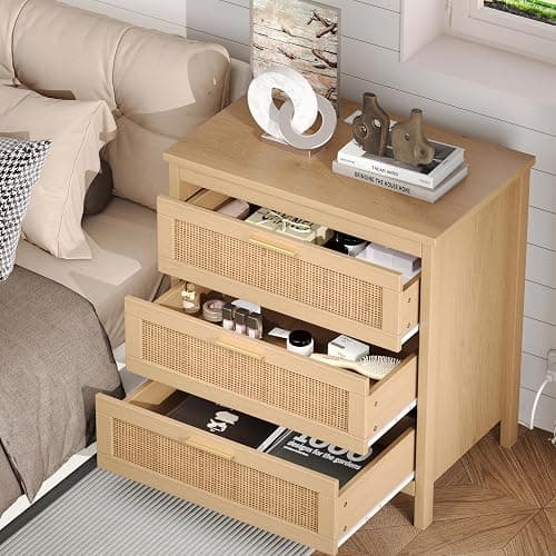 Keehusux Rattan Nightstand with Charging Station, 23.6" Wide Bedside Table with 3 Drawers, Boho Night Stand with Metal Handles, Accent End Table for Bedroom, Guest Room, Natural thumbnail 5