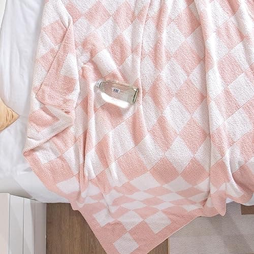 SeaRoomy Checkered Throw Blanket, Ultra Soft Microfiber Knit Throw Blanket, Cozy Fluffy Fuzzy Reversible Checkerboard Pink Blanket for Couch Sofa Bed Decor(Light Pink, 51"63") thumbnail 6