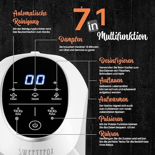 Sweety Fox - Multifunktions Babynahrungszubereiter 7-in-1 - Dampfgarer, Mixer, Pulse, Automatische Reinigungsfunktion, Sterilisiert, Gläschenwärmer, Auftaufunktion thumbnail 3