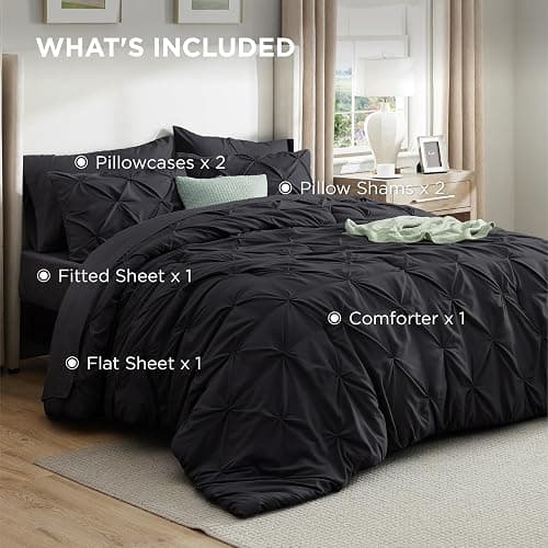 Bedsure Queen Comforter Set Black - Bed in a Bag Queen Size Bedding 7 Pieces, GentleSoft™ Pintuck Bed Set Gift for Family, Pinch Pleat All Season Comforter with Sheets, Pillowcases & Shams thumbnail 8