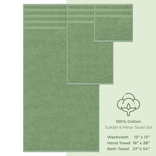 American Soft Linen Luxury 6 Piece Towel Set, 2 Bath Towels 2 Hand Towel 2 Washcloths, 600 GSM 100% Cotton Turkish Towels for Bathroom, Sage Green Towel Sets thumbnail 4