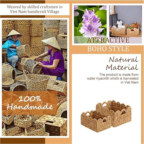 LUSYDECO Set of 2 Scalloped Edge Wicker Storage Basket with Built-in Handles, Rectangle Water Hyacinth Basket for Organizing, Decorative Woven Rattan Basket for Shelf, Nursery Room thumbnail 5