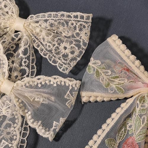 LFOUVRE Beige Lace Hair Bows with Embroidered Flowers - Bowknots, Barrettes, and Hair Clips with Long Tails for Women (3pcs) thumbnail 9