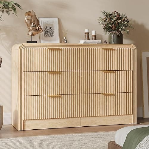 Decofy Fluted Drawers Dresser for Bedroom, Wood Dressers with Gold Handles, Modern Dressers with Wave Texture, Large Storage Chest of Drawers, Bedroom Dresser Organizer 47'' & 6 Drawers (Natural Oak) - Image 1