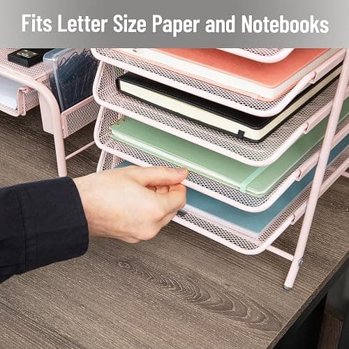 Mind Reader 5-Tier Paper Tray Organizer, Vertical Desktop File Storage Rack, Office, Metal Mesh, Pink thumbnail 6