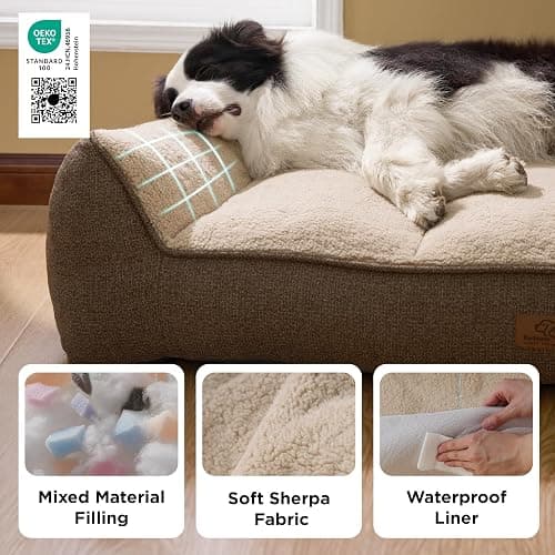 Bedsure SupportMax XL Orthopedic Dog Beds Large Sized Dog - Extra Thick Supportive Dogs Couch with Waterproof Washable Cover, Extra Large Comfort Pet Sofa with Soft Sherpa and Nonskid Bottom, Brown thumbnail 5