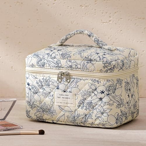 HBselect Quilted Makeup Bag, 3PCS Cotton Large Travel Makeup Bag, Cute Floral Coquette Make up Bag Cosmetic Bag Toiletry Bag for Women Girls thumbnail 6
