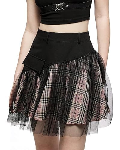 PUNK RAVE DAILY Women Gothic Skirts Women Goth Mini Plaid Skirt with Tulle Punk Dunk High Waist A-Line Party Skirt - Image 1