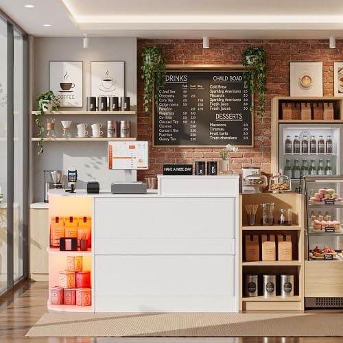 Modern Reception Desk with LED Light and Open Shelves, Front Desk with Lockable Drawers & Keyboard Tray,Reception Counter Table with Storage for Checkout, Office, Lobby, Nail Salon Spa (C.White) thumbnail 9