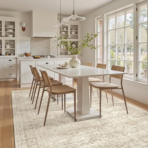 Soalmost 5x7 Area Rugs Beige Low Pile Washable Trendy Faded Style Rug | Vintage Non-Slip Indoor Accent for Bedroom Dining, Foldable Stain Resistant Floor Carpet Mat Under Table Home Office Decor thumbnail 8