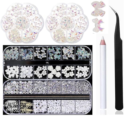 MUEYAN 3D Acrylic Butterfly White Flowers Glitter Nail Charms Cute Nail Charms Mixed Starry AB Crystal Nail Rhinestones - Image 1
