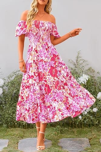 PRETTYGARDEN Women's Smocked Midi Wedding Guest Dress | Puff Short Sleeve, Square Neck A Line, Tiered Ruffle Hem, Long Dresses, Beach Vacation, Cocktail Party, Summer Outfits thumbnail 7