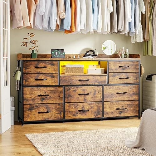 Dresser for Bedroom with LED Lights & Charging Station & 4 Hooks 11 Drawer Dressers & Chests of Drawers Long Fabric Dresser TV Stand for 60 inch TV for Entryway 11.8"D x 47.2"W x 31.5"H Rustic Brown thumbnail 7