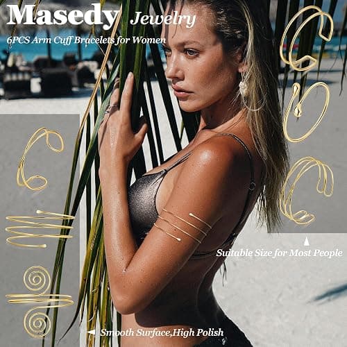 Masedy 6PCS Gold Arm Cuff Bracelets for Women Upper Armband Open Adjustable Wrist Arm Bangle Bracelets Set Minimalist Thin Stack Coil Swirl Trendy Armlet Jewelry thumbnail 6