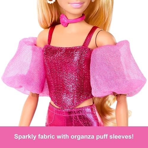 Barbie Deluxe Style Doll #5 in Metallic Pink Outfit, Blonde Hair, Sparkly Corset Top and Shiny Pants with Accessories Like Rose Necklace and Handbag thumbnail 3