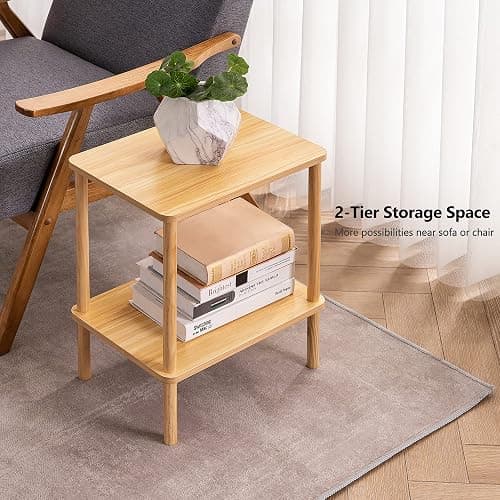 Apicizon 2 Tier End Table Set of 2, Small Side Table with Solid Wood Legs, Boho Bedside Table with Storage Shelf, Nightstand for Small Spaces, Bedroom, Living Room, Entryway, Easy Assembly, Natural thumbnail 7