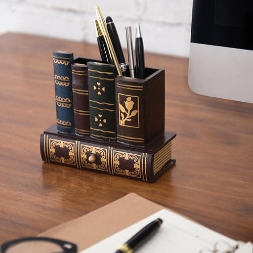 MyGift Decorative Desk Organizer Caddy, Pencil and Pen Holder with Bottom Storage Drawer and Antique Library Books Design thumbnail 5
