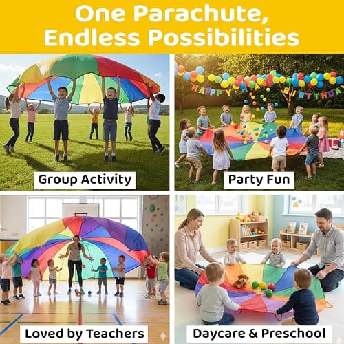 GSi Kids Rainbow Parachute 6 ft to 35 ft for School & Gym Class | Bright Rainbow Colors, 54 GSM Fabric, Cross-Stitched Handles, Field Day & Birthday Parties, Storage Bag Included thumbnail 4