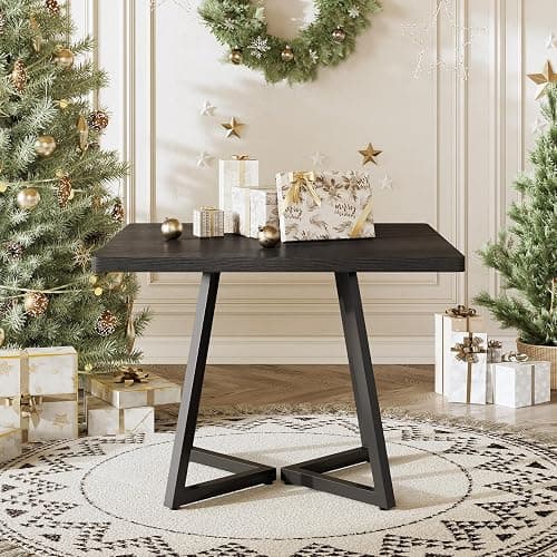 LITTLE TREE 31.5 Inches Small Dining Table for 4, Square Dinner Table for Small Space, Dining Room Tables, Black Wooden Kitchen Table with Metal Legs, Modern Leisure Cafe Table for Apartment thumbnail 7