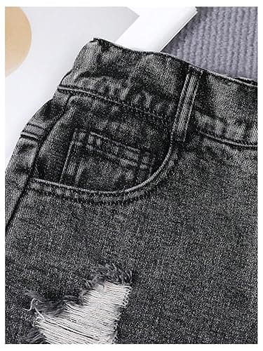 RoseSeek Girl's Ripped Raw Hem Straight Leg Jean Shorts Elastic Waist Zipper Fly Denim Shorts thumbnail 4