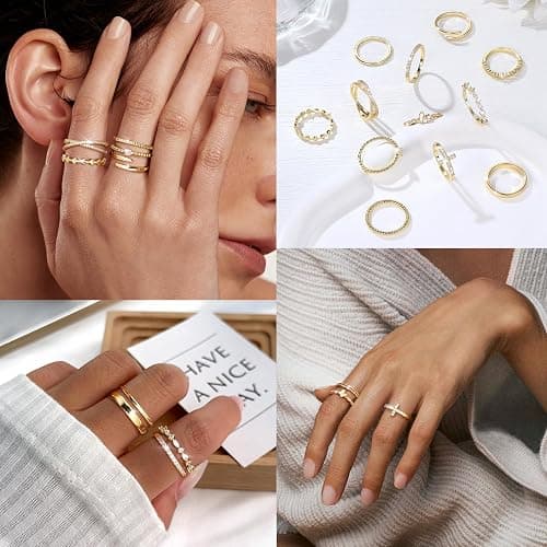 ZELORES 14K Gold Filled Stackable Rings for Women Opal Cross CZ Wedding Bands Rings Dainty Plain Gold Knuckle Rings Set Comfort Fit Size 6-10 thumbnail 3