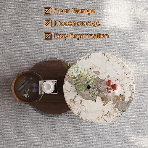 Round Coffee Table for Living Room, Modern Marble Top Expandable Coffee Table with Hidden Storage, No Assembly Required Center Table, Rolling Living Room Tables (Walnut & Marble) thumbnail 7