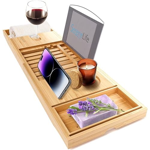 SereneLife Luxury Bamboo Bathtub Caddy Tray - Adjustable Natural Wood Bath Tub Organizer with Wine Holder, Cup Placement, Soap Dish, Book Space & Phone Slot for Spa, Bathroom & Shower SLBCAD20 - Image 1
