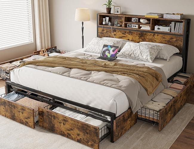 EnHomee Full Size Bed Frame with 6 Storage Drawers Full Bed Frame with Headboard, with Charging Station, No Noise, No Box Springs Needed, Vintage Brown. - Rustic Brown - Full thumbnail 4