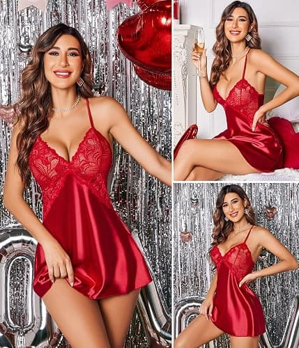 Avidlove Women Lingerie V Neck Sexy Nightwear Satin Sleepwear Lace Chemise Mini Babydoll Nightgown thumbnail 2