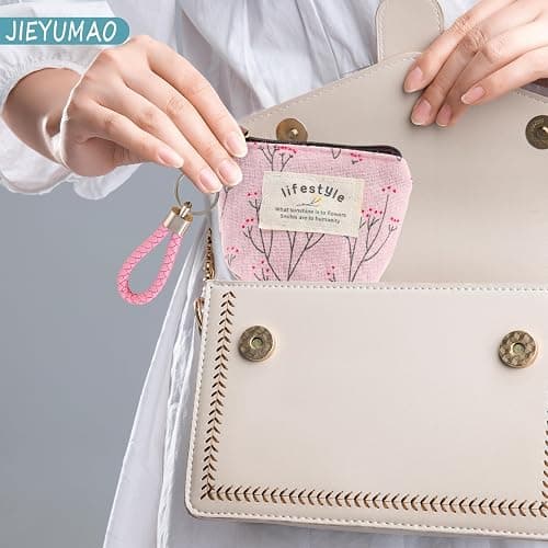JIEYUMAO Small Coin Purse, 9Pcs Canvas Coin Purse with Keychain, 9 Styles Mini Makeup Bag for Women, Multicolor Mini Pouch Change Wallet Small Coin Pouch for Lipstick Jewelry Card thumbnail 6