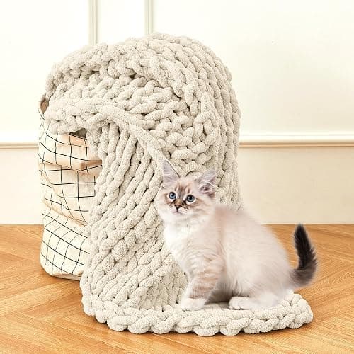 Chunky Knit Blanket Throw for Couch, 51"x63" Chunky Yarn Knitted Blankets | 100% Hand Knit Thick Chenille, Soft Breathable for Bed, Sofa, Home Decor, Cozy Gifts for Women Friends, Ivory thumbnail 9