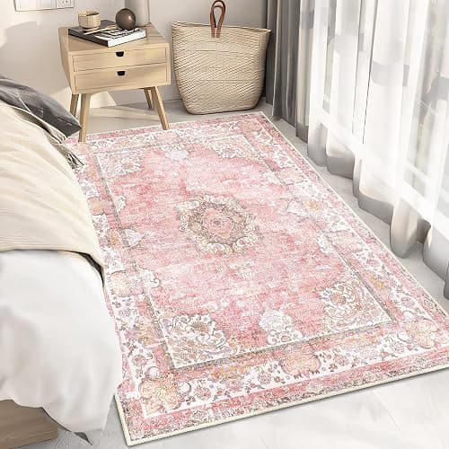 Castage Pink Rug 3'x5',Washable Area Rugs for Bedroom Living Room Kitchen Entryway Bedside,Small Boho Vintage Bohemian Distressed Oriental Non Slip Carpet,Blush Floral Flowers thumbnail 2