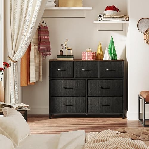 WLIVE 7 Drawer Dresser TV Stand, Entertainment Center, Media Console Table with Metal Frame and Wood Top for TV up to 45 inch, Chest of Drawers for Bedroom, Living Room, Black and Rustic Brown thumbnail 2