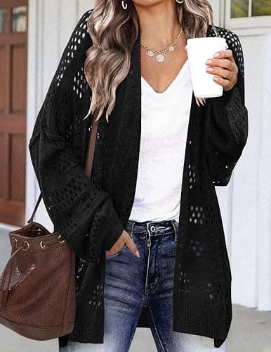 HOTOUCH Lightweight Crochet Cardigan for Women Long Sleeve Open Front Knit Oversized Cardigans Sweaters thumbnail 2