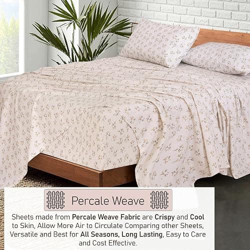 RUVANTI 100% Cotton Sheets – Full Size Percale Bedding, Cooling & Breathable Floral Design, Durable with a Crisp, Soft & Comfortable Feel, 16" Deep Pocket, 4-Piece Set, Twin Spring thumbnail 5