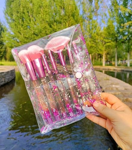 RAEEIKPHZ Sparkle Pink Makeup Brushes Set,Unicorn Glitter 7pc Foundation Blush Lip Nose Eyeshadow Eyebrow Loose Powder Fan Make Up Brushes Kit with Liquid for Kids Girls Teen Women Gift Present thumbnail 8