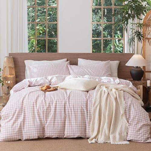 MooMee Gingham Duvet Cover Set 100% Washed Cotton Linen Like Textured Breathable Durable Soft Comfy Modern Checkered Design (Classic Gingham Greyish Pink, Queen 90"x90") - Image 1