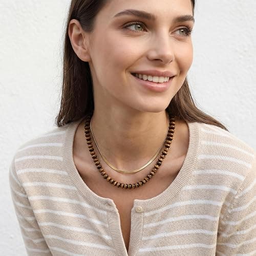 ROISE LADY Tiger Stone Natural Stone Beaded Necklaces for Women Boho Gemstone Bead Choker Summer Beach Vacation statement Trendy Charm Necklace thumbnail 3