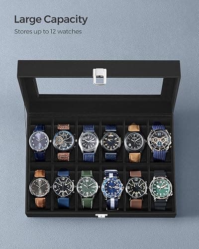 SONGMICS Watch Box, 12-Slot Watch Case with Large Glass Lid, Removable Watch Pillows, Watch Box Organizer, Gift for Loved Ones, Black Synthetic Leather, Christmas Gift, Black Lining UJWB012B01 thumbnail 6