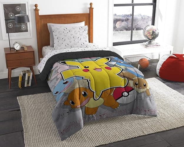 Northwest Pokemon Twin Sized Bed in a Bag Set, Pikachu Squirtle Eevee Charmander, Anime Bedding for Girls Boys, Battle Squad - Image 1
